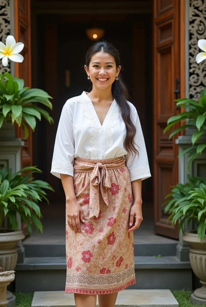 (best quality,4k,8k,highres,masterpiece:1.2),ultra-detailed,(realistic,photorealistic,photo-realistic:1.37),foto,portrait of 35-year-old woman,belonging to,slightly chubby body,photo with soft smiling face,wearing a balinese white kebaya and knee-lenght batik sarong, with a background of traditional Balinese house,Balinese traditional house,traditional Bali house,brightly colored,ornate building,garden surrounding the house,traditional Balinese architecture,tropical plants,green and lush,decorative Balinese entrance gate,artistically carved wooden door,affectionate expressions,detailed facial features,beautiful detailed eyes,beautiful detailed lips,extremely detailed eyes and face,long eyelashes,vivid colors,Balinese color palette,warm tones,tropical hues,multi-generational family,happy and harmonious atmosphere,Nyepi decorations,Balinese arts and crafts,religious motifs,Frangipani flowers,floral offerings,Balinese culture,authentic Balinese atmosphere,peaceful ambiance,generational bond,joyful memories,love and togetherness,memorable family time,family heritage and tradition.