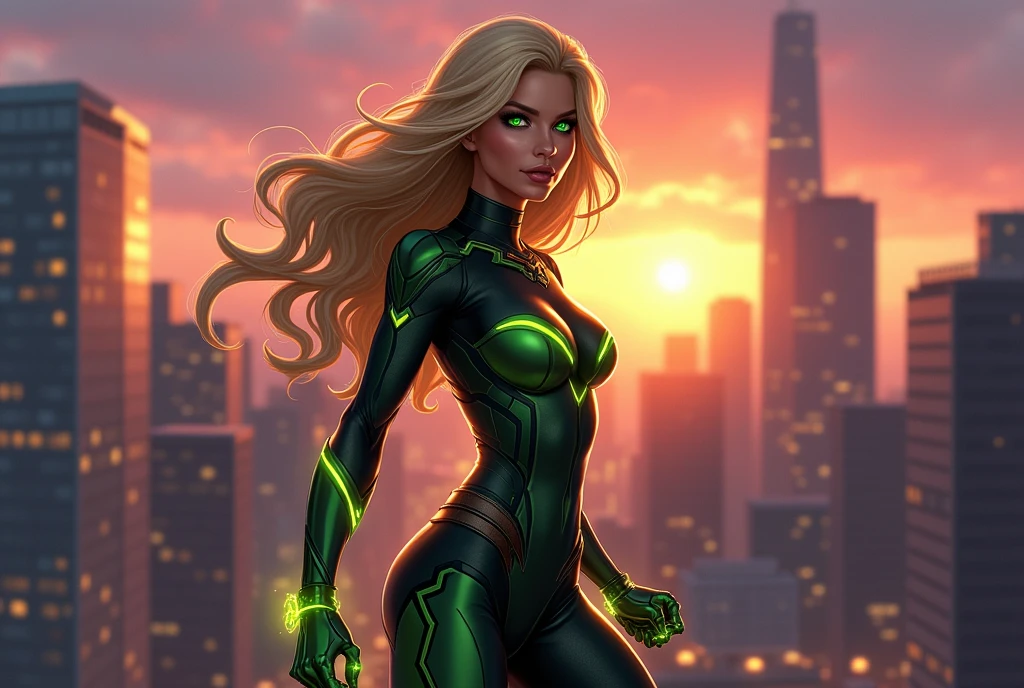 Create a very beautiful and sexy blonde pose sexy green eyes to her.same basket as a superhero