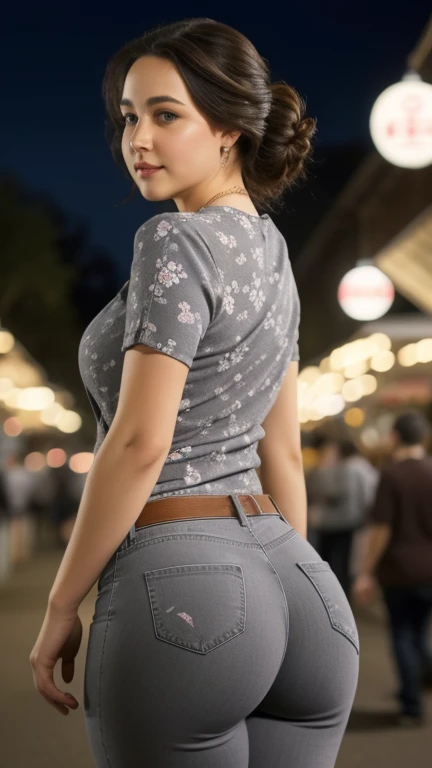 Realistic portrait of many mouser., photorealistic,skinny jeans, grey cotton blouse with bow, floral motif, a necklace, busty, curvilinear, Curvy body, Very detailed, 8k, beautiful ,perfect face, masterpiece and beautiful face, detailed eyes, 4k, High resolution and elegant, walking in the traditional night market, (((take it from behind )))) , ,((fat ass )))) 