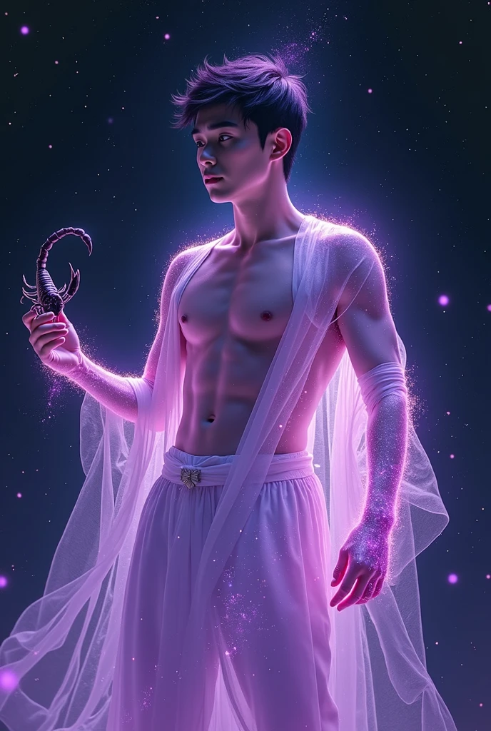 A handsome young male (Korean male), a male deity, with a purple light all over his body, a black starry sky, holding a scorpion in his hand, and an unruly gaze