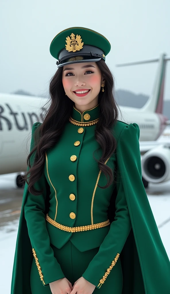 big smile, 1female,35yo,A MILF,mature,plumw,extremely large bosom, solo,(Background with:aerodrome,Planes,snow mountains,at winter season,Snow on the ground,exteriors,) She has long dark green hair,Stand on the plane,,seen from the front, hair straight, mostly cloudy sky,(((tmasterpiece),(Very detailed CG unity 8K wallpaper),best qualtiy,cinmatic lighting,detailed back ground,beatiful detailed eyeright pupillue eyes,(Very fine and beautiful),(Beautiful and detailed eye description),ultra - detailed,tmasterpiece,)),facing at camera,A high resolution,ultra - detailed),revealing breastare genitalia, Bulge,legs are open,Raised sexy,Camel toelushed complexion,Smile,Desire for dissatisfaction,frontage,Chinese flight attendant,Officer's cap(Wearing:Gold cloak,Transparent flight attendant uniform)
