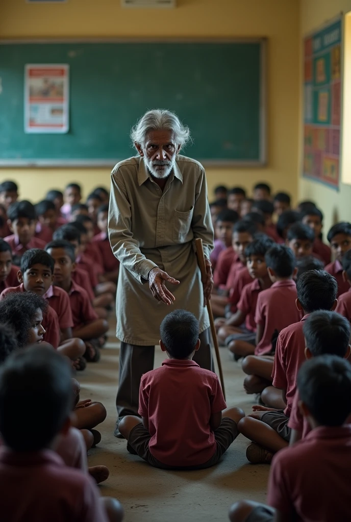 A 60 aged old Indian school teacher is beating a 12 years aged Indian student with stick infront of 30 students. students are sat on the floor.