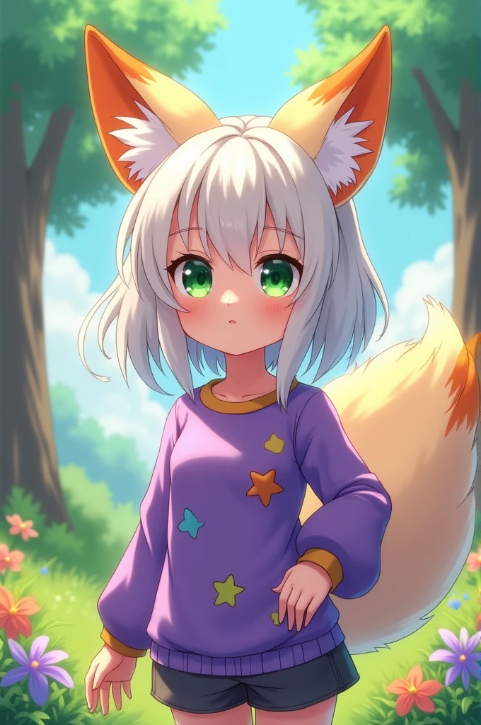 Anime fox girl with white hair, green eyes and purple shirt