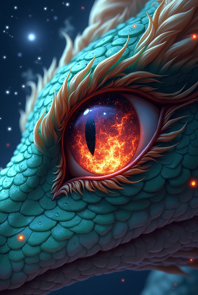 a close up anime comic picture of a dynamic color dragon eye, you see the night sky and endless stars, nebula, in the irises, some smoke and fire from the dragon