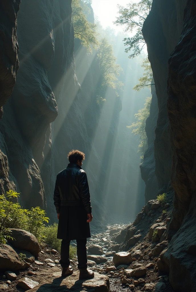 Create a person with a black jacket in a ravine