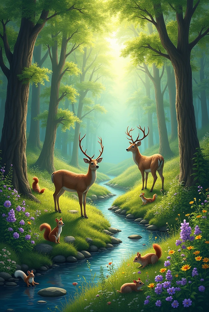 Forest with animals and water wide design