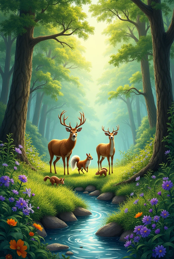   Forest with animals and water wide design