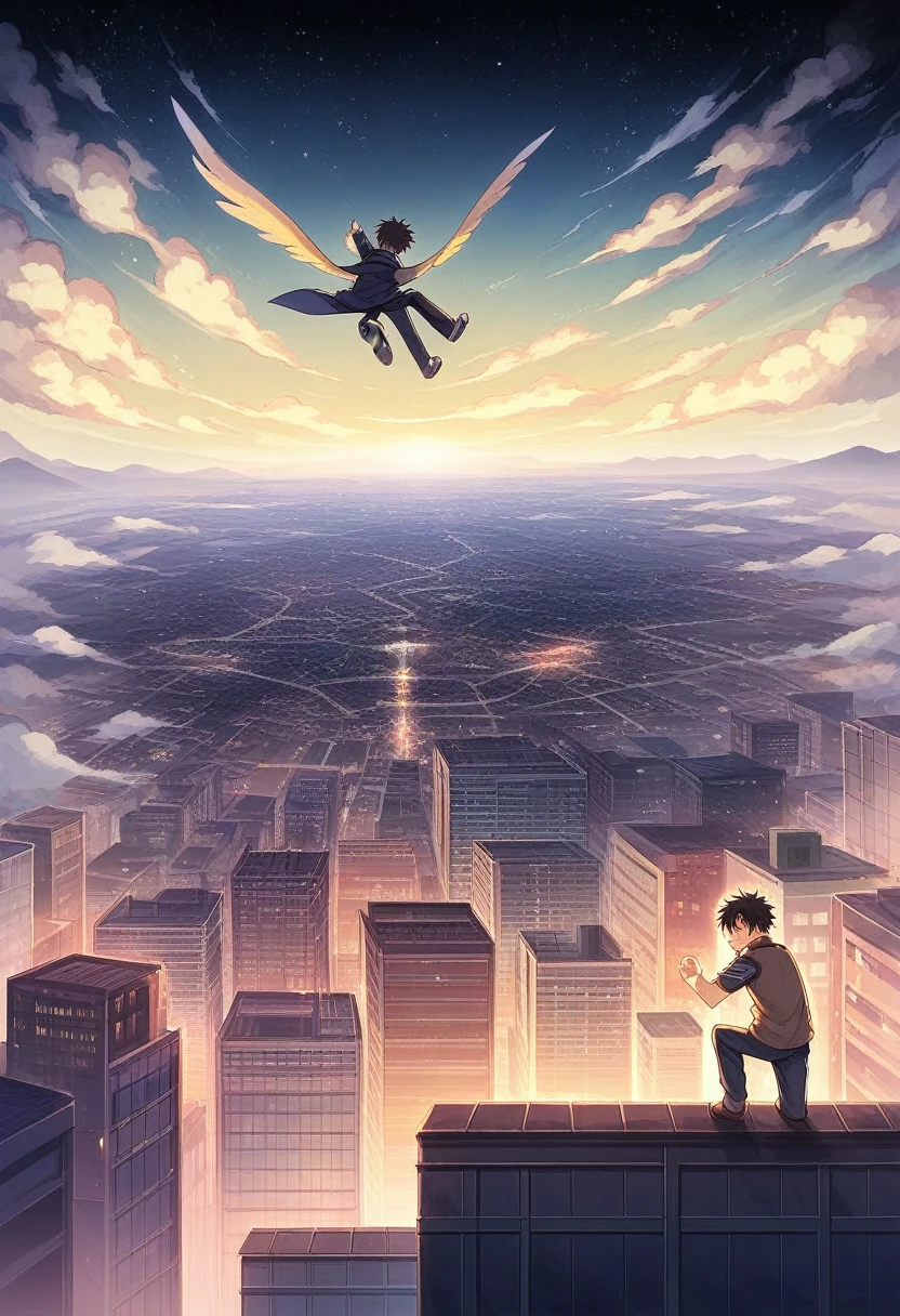 anime anime wallpapers of a man flying over a city, makoto shinkai cyril rolando, anime clouds, amazing wallpaper, style of makoto shinkai, city in the clouds, city in the sky, anime landscape wallpaper, anime background, inspired by Makoto Shinkai, cosmic skies. by makoto shinkai, anime sky, in style of makoto shinkai