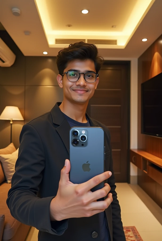 A 18 years boy of odisha inside his morden house taking selfie with iphone 15 pro max i phone logo is clear and contains 3 cameras like real iPhone contains background is like a rich people contains luxury things like ac tv wifi etc and design things