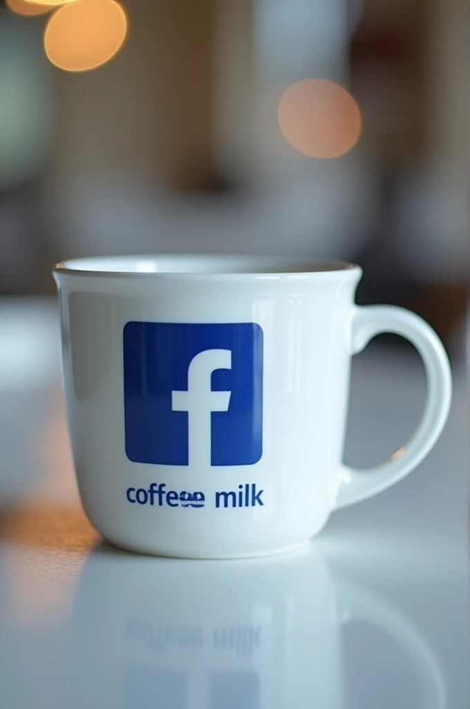 Create an image of a white ceramic coffee cup with a glossy finish. On the front of the trophy, the Facebook logo is displayed. The logo should be clearly positioned in the center of the cup and consist of a blue border, an attractive display of color leading to the right and the words "coffee milk" in bold white letters below the Facebook logo.
