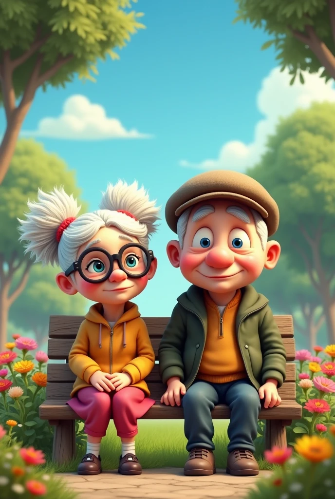 2 cartoon characters girl and boy old people but not look like human normal face not smiling sitting position