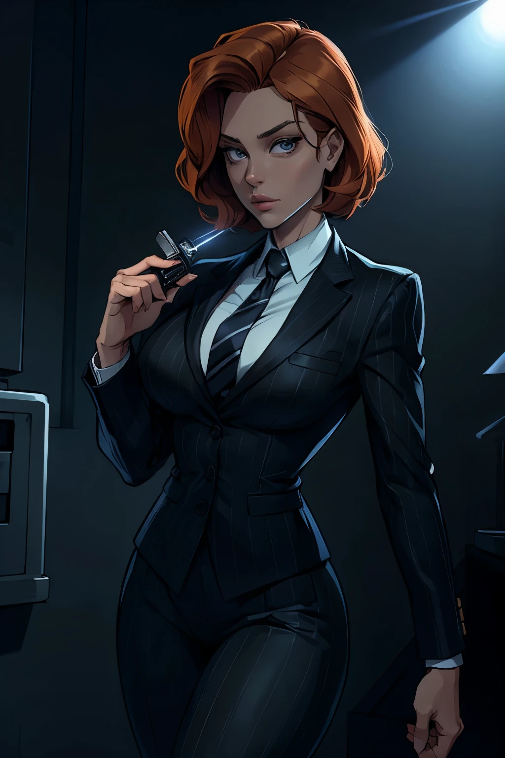 FBI agent Dana Scully from "The X-Files." 90's, black pinstripe suit. Shining a flashlight into the darkness, short hairstyle