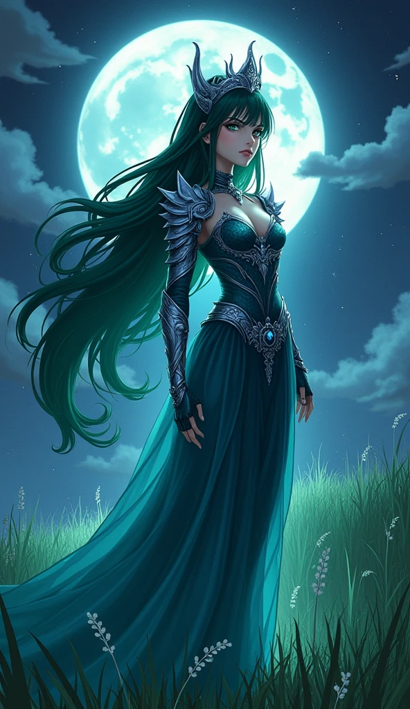 Anime style, A beautiful goddess of the night similar to Psylocke descends from the heavens to stand on the green grass and the light of the full moon shines behind her, she wears a sensual dress with blue armor and a silver crown. Her eyes glow with green light and her hair is dark green. She looks like a cold queen and a powerful aura surrounds her. (Fantasy Style) ((Anime Style)) (goddess) (queen) (sexy) (stern expression)