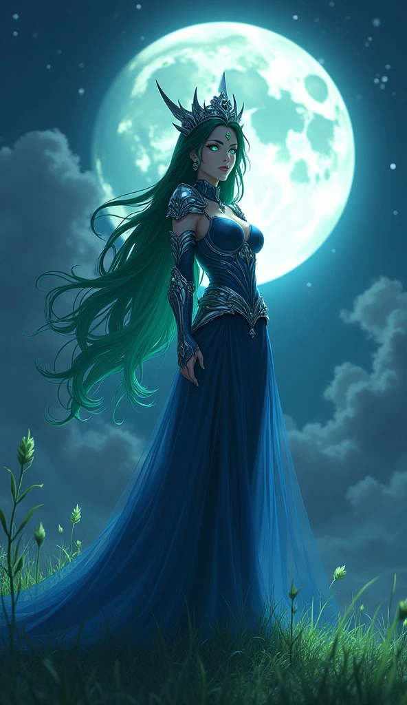 Anime style, A beautiful goddess of the night similar to Psylocke descends from the heavens to stand on the green grass and the light of the full moon shines behind her, she wears a sensual dress with blue armor and a silver crown. Her eyes glow with green light and her hair is dark green. She looks like a cold queen and a powerful aura surrounds her. (Fantasy Style) ((Anime Style)) (goddess) (queen) (sexy) (stern expression)