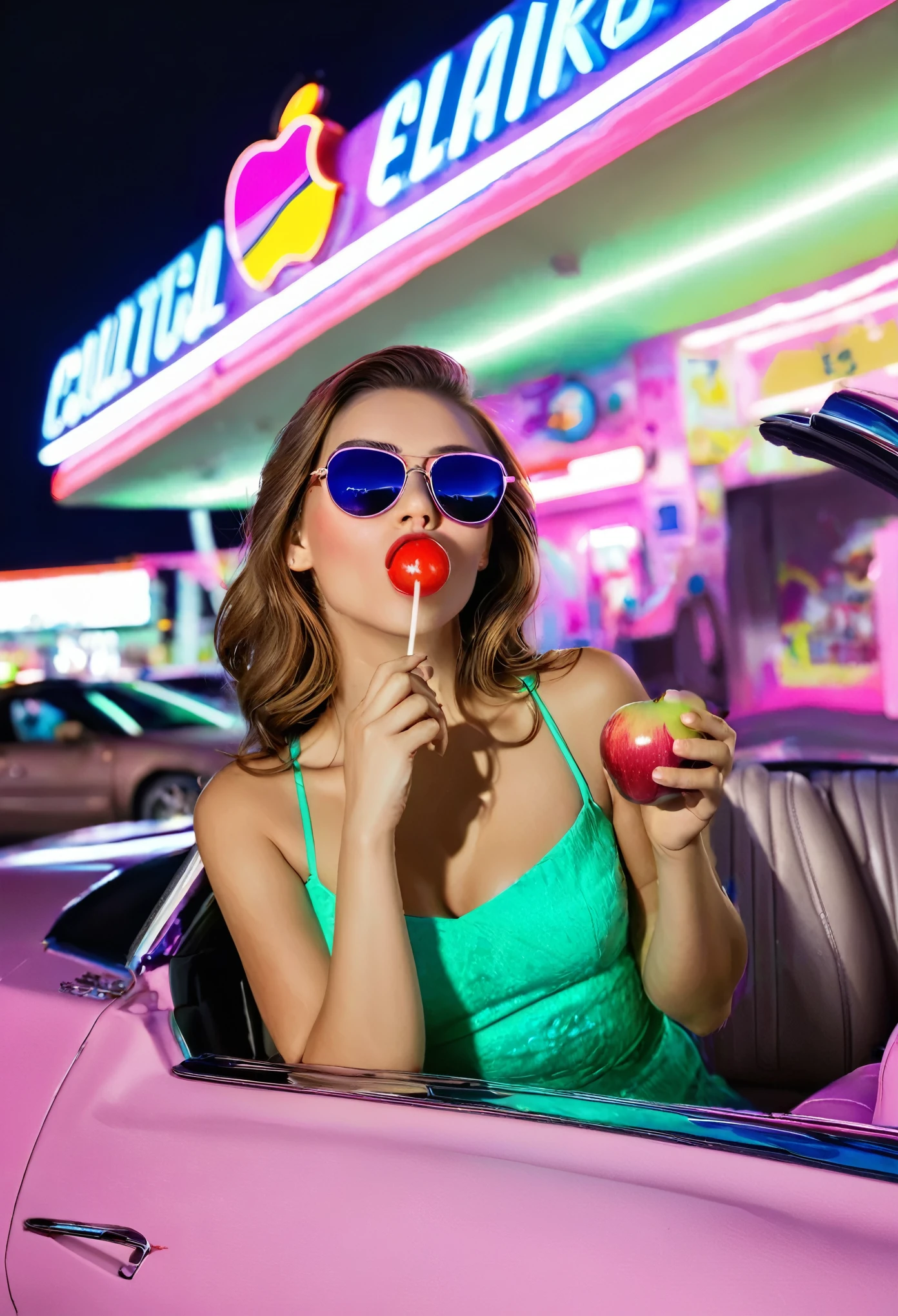 whole image, diagonal photo of a 1959 Cadillac Eldorado Biarritz convertible in shiny polished metal bright pink color, Long Tail, the painting reflects everything around it, cyberpunk style, surrounded by colorful neon light, roda grossa, golden wheel, Detalhes em dourado, Woman in sunglasses driving, she is holding an apple, she is eating the apple, neon on car paint, reflective paint that reflects everything around it, detailed headlight, very detailed headlight, as detailed as possible, hyper-realistic as realistic as possible, this&#39;It&#39;s in a cyberpunk-style gas station with pink and blue neon lights everywhere, best qualityer, CRU, Masterpiece artwork, super fine photo, best qualityer, super high resolution, photorrealistic, lighting sun, framing the entire car in the photo, stunningly beautiful,, dynamic poses, The entire car is framed in the image
