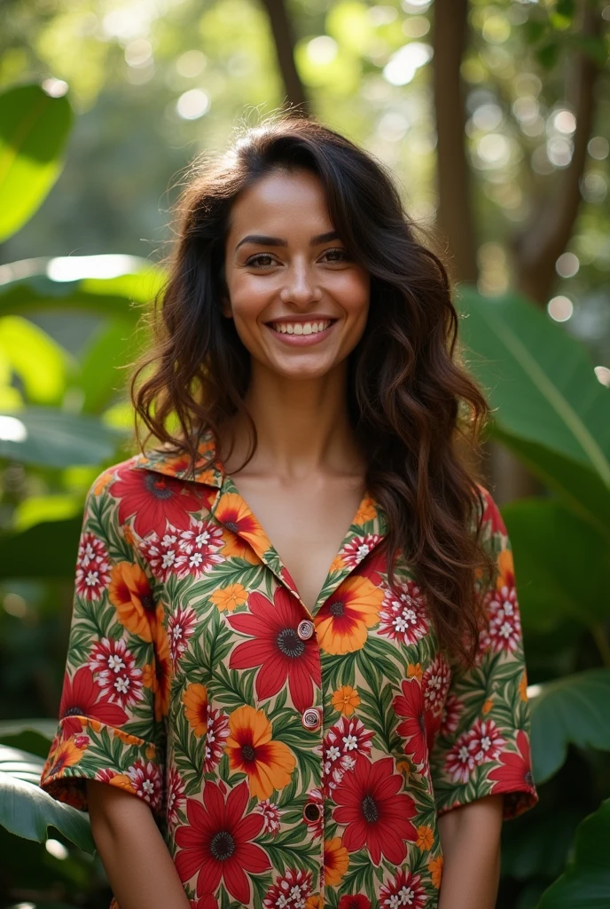 A Brazilian woman in a lush tropical garden, wearing an open shirt with a floral print, with a close-up capturing the harmonious beauty between her breasts and the natural flowers, showing off your natural charm and outgoing personality.