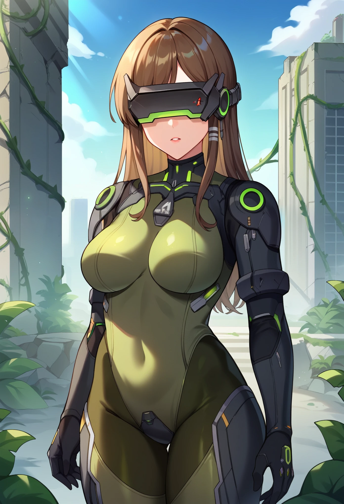 score_9, score_8_up, score_7_up, source_anime BREAK 1girl, solo,mssprd, head-mounted display, covered eyes, brown hair, long hair, green bodysuit, parted lips, outdoors, standing, blue sky, post-apocalypse, ruins, concrete, overgrown, vines, dappled sunlight, city, science fiction