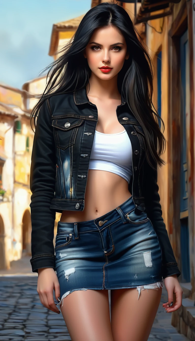 Beautiful girl dressed in short skirt and black denim jacket, long black hair and brown eyes, pale skin, realistic, cute, detailed painting, sharp, plump body, medium breast, dramatic lighting, background shooping centre, shooping background, Style by Gabriele Dell'otto, AI Midjourney, bright saturated colors, watercolor, oil paints, HDR, 500px, 4k,
