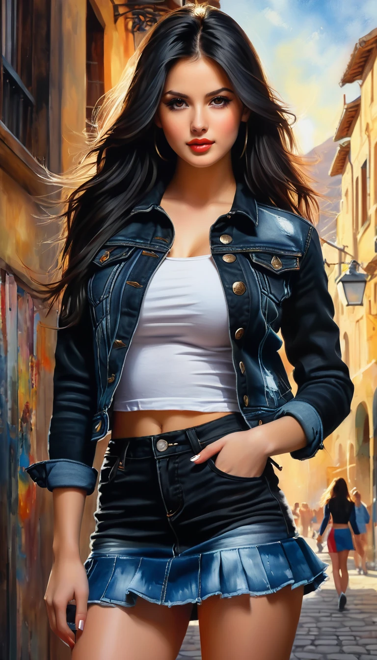 Beautiful girl dressed in short skirt and black denim jacket, long black hair and brown eyes, pale skin, realistic, cute, detailed painting, sharp, plump body, medium breast, dramatic lighting, background shooping centre, shooping background, Style by Gabriele Dell'otto, AI Midjourney, bright saturated colors, watercolor, oil paints, HDR, 500px, 4k,