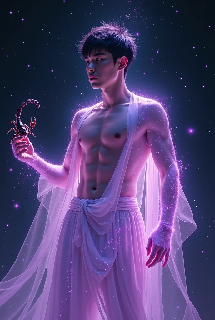 A handsome young male (Korean male), a male deity, with a purple light all over his body, a black starry sky, holding a scorpion in his hand, and an unruly gaze