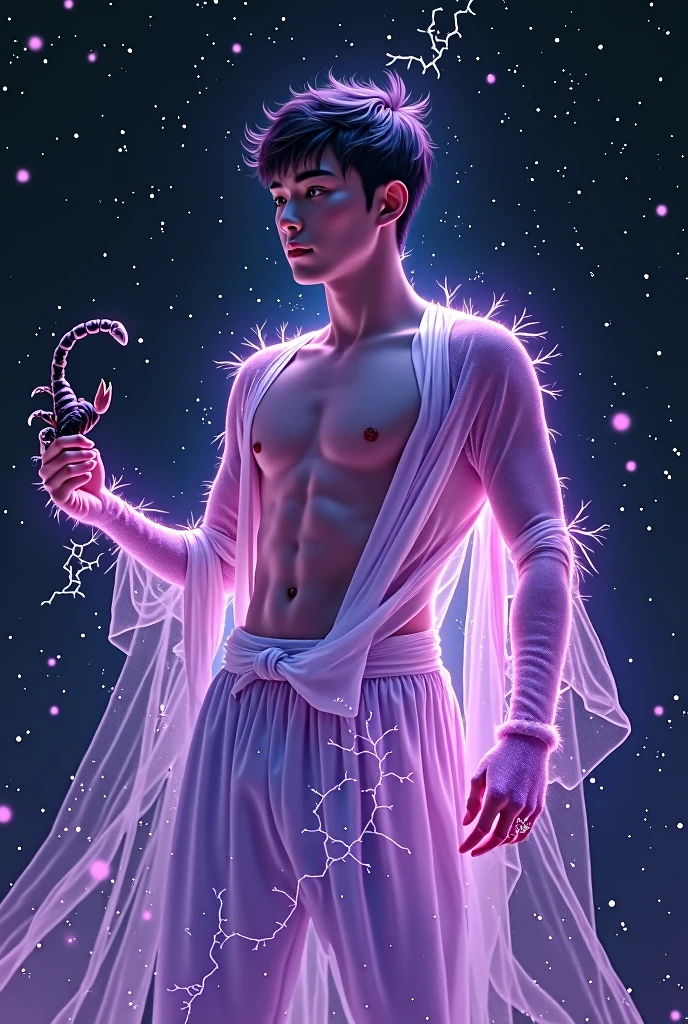 A handsome young male (Korean male), a male deity, with a purple light all over his body, a black starry sky, holding a scorpion in his hand, and an unruly gaze