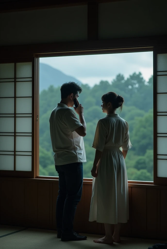 A modern Japanese couple, looking worried and distressed, standing in their rural home. The father is on the phone with the police, while the mother anxiously looks out the window towards the forest