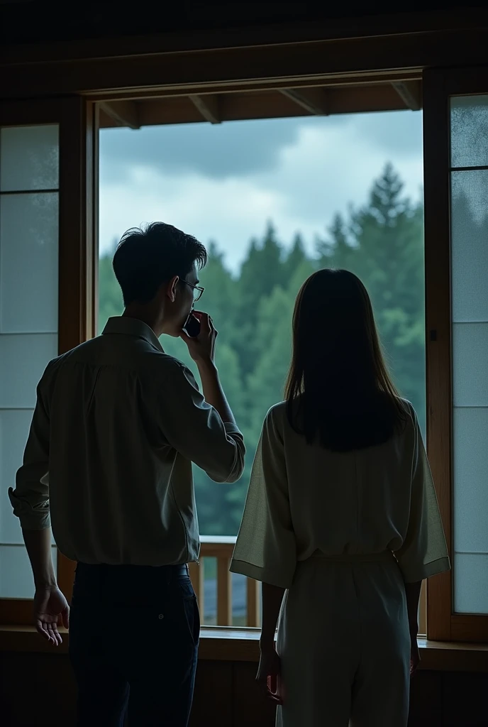 A modern Japanese couple, looking worried and distressed, standing in their rural home. The father is on the phone with the police, while the mother anxiously looks out the window towards the forest