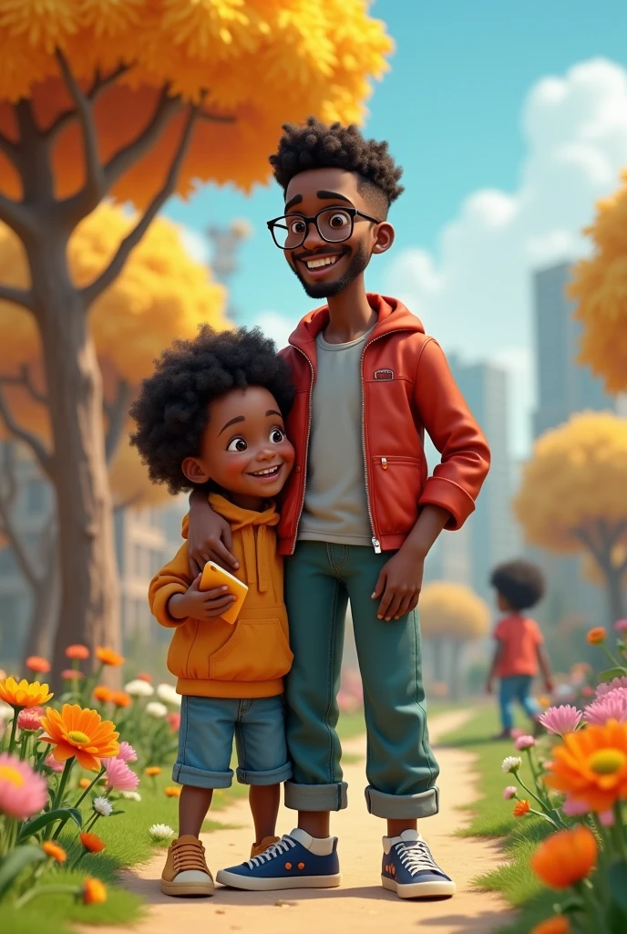 A young black man with short curly hair wearing square glasses and a black shirt, holding the hand of a black  with short curly hair with a cell phone in hand Disney pixar style animation 