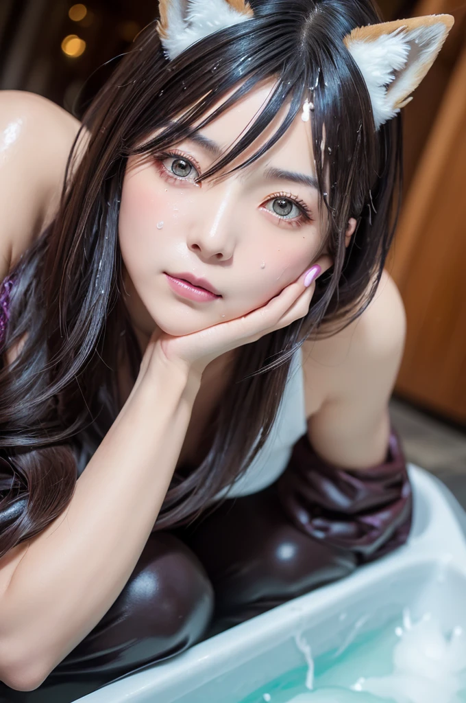 Masterpiece,8k,((Shirakami Fubuki:1.6)),(Super detailed,High definition,非常に長いhair,ponytail,白いhair:1.6,Mature Woman),Are you okay、(Best illustrations)、8K UHD resolution、Intricate details、Highest quality、Realistic、Super detailedな、Best lighting、Best Shadow、Soft lighting、ultrahd、Ultra-realistic、Tyndall effect、Photorealistic、(High definitionスキン:1.2)、 (Intricate details, compensate, Pure Eros Face_v1:0.5), (Beautiful and delicate face down to the last detail, Beautiful and delicate eyes, Perfectly balanced face, Skin with attention to detail, Detailed skin, The optimal ratio is four fingers to one thumb,Wow wow, Wide ????, Smooth abdomen, Skinny and skinny, __fashion__, __hair__:1.25), (Ultra HD TV: 1.2), Cinematic light, Detailed eyes and skin, Detailed facial features, , (Sharp focus: 1.2）, (Focus on the face:1.2),Perfect Style, Beautiful Face, Acura, Anatomically correct, Highly detailed face and skin texture, Detailed eyes, double eyelid, Thin eyebrows, Glitter Eyeliner: 1 Natural Cheeks, Glowing Skin, Fair skin: 1.2, (Glossy Lips: 1.4),(Embarrassed look: 1.2),Highly detailed face and skin texture, Detailed eyes, double eyelid, Natural Cheeks, Glossy Lips: 1.4,Exposeした胸の谷間、Fascinating。Fascinating、((Beautiful fox ears,Beautiful fox tail,??????????????????)),????,?????,Public toilet,????,Expose,((Overflowing ??????)),((Are incontinent:1.3)),((Leaking ???:1.3)),((Being bathed in ?????:1.3)),A woman in a purple latex outfit is sitting on the street, Thick and smooth Warframe thighs, thick, BoobsCyberpunk, Wearing Atsuko Kudo's latex costume, Cyberpunk shiny latex suit, Shiny metallic skin, Latex Gloss, Shiny skin, Made of liquid purple metal, Cute ???? ???, Shiny wet skin!!, Futuristic shiny latex suit,