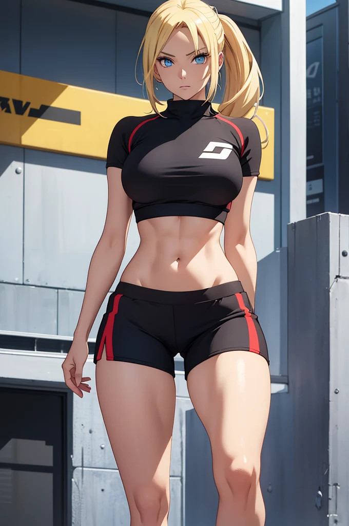 hair intakes, Kneeling, Blonde, ponytail, blue eyes, hmmarnie, black choker, red ribbon, earrings, jewelry, midriff, sports bra, bare shoulders, pants, leggings, evil grin, mountain range, stomping, destruction, craters, crossed arms, GTSGiga, size difference, giga giantess, 1girl, solo, giga giantess walking between mountains, giga giantess looming over mountains, stomping foot down, blue sky, looking down, groundview, (gts:1.2), (in distance:1.2), standing, detailed eyes, perfect eyes, beautiful eyes, perfect face, distant view, full body, BREAK (16k, ultra detailed, perfect lighting:1.1), 1girl, from below, masterpiece, best quality, highres, masterpiece, best quality, highres, highres, high quality, masterpiece