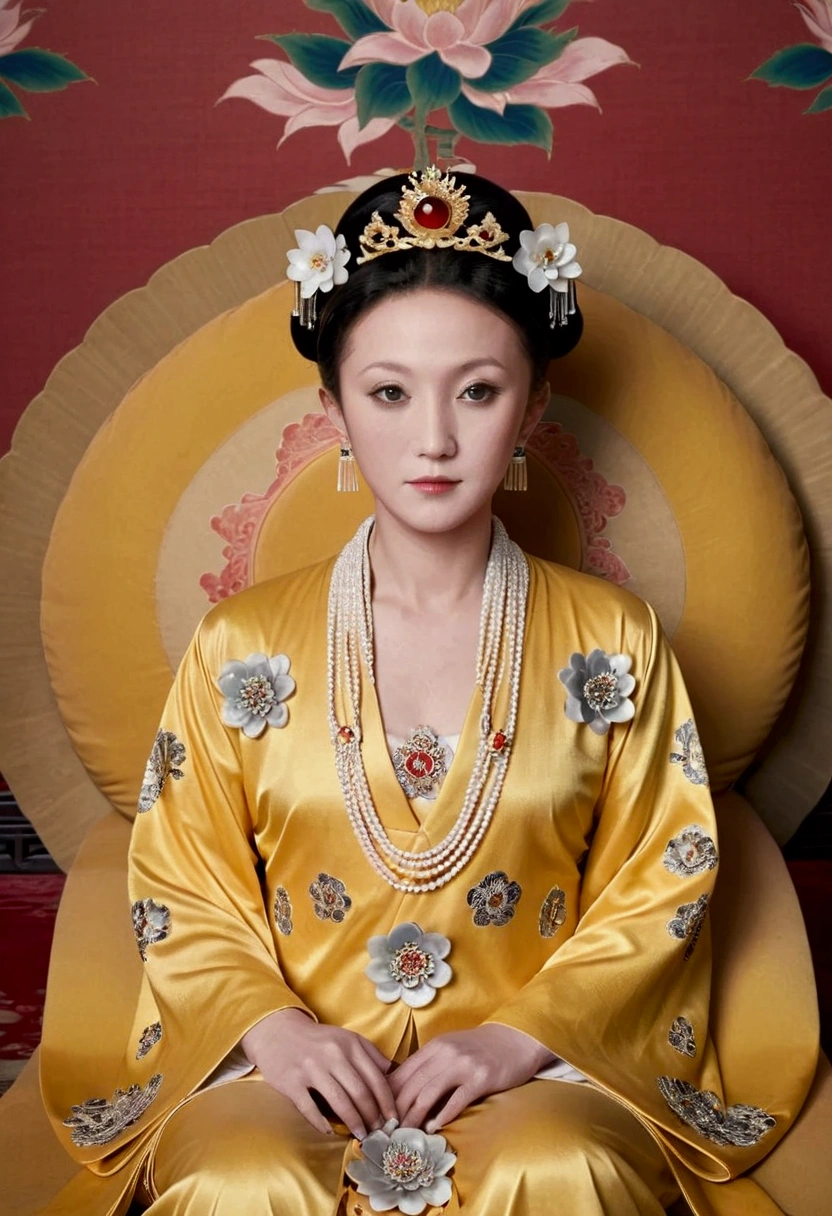 From the pre-Qing period, The Empress sits naked on a large golden sofa in the palace, Her legs were spread, At the Chinese court during the Qing Dynasty, Empress of the Qing Dynasty, Wearing the great crown of the Chinese Empress, Belly and thighs visible from below.。She is completely naked, Showing off gorgeous large flowers and hairpins, She tied her hair up and pulled it up, 背景はEmpress of the Qing Dynastyの豪華な宮殿.