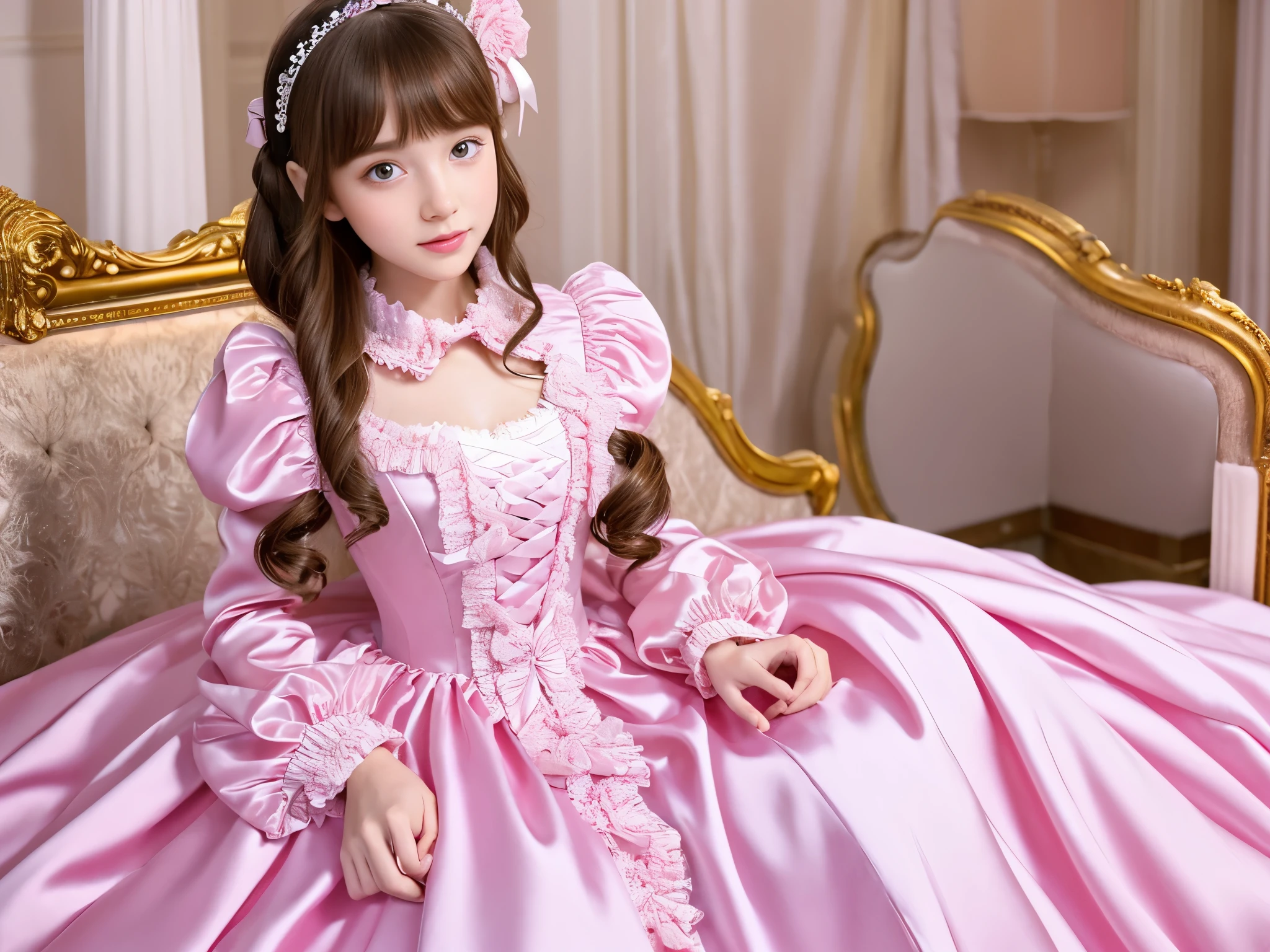 ,highest quality, masterpiece, highest resolution, artwork, super それにget used to it, many get used to it, get used to it, それにget used to it, 3k realistic pictures,,((10 year old s)),Ultra-detailed juvenile face,three are princesses,full length ball gown dress with hoop skirt,ruffled yoke collar,puff sleeves,long sleeve,((Lolita stylt pink detailed princess satin dress with lots of ruffles and ribbons)),Rococo style lolita fashion,y satin dress,Soft and smooth fabric,luxury,long blonde hair,blue eyes,white skin european,Pajama,((in the bedroom)),luxury princess canopy frilled bed,super detailed bed,lying on the bed,High-quality background,
