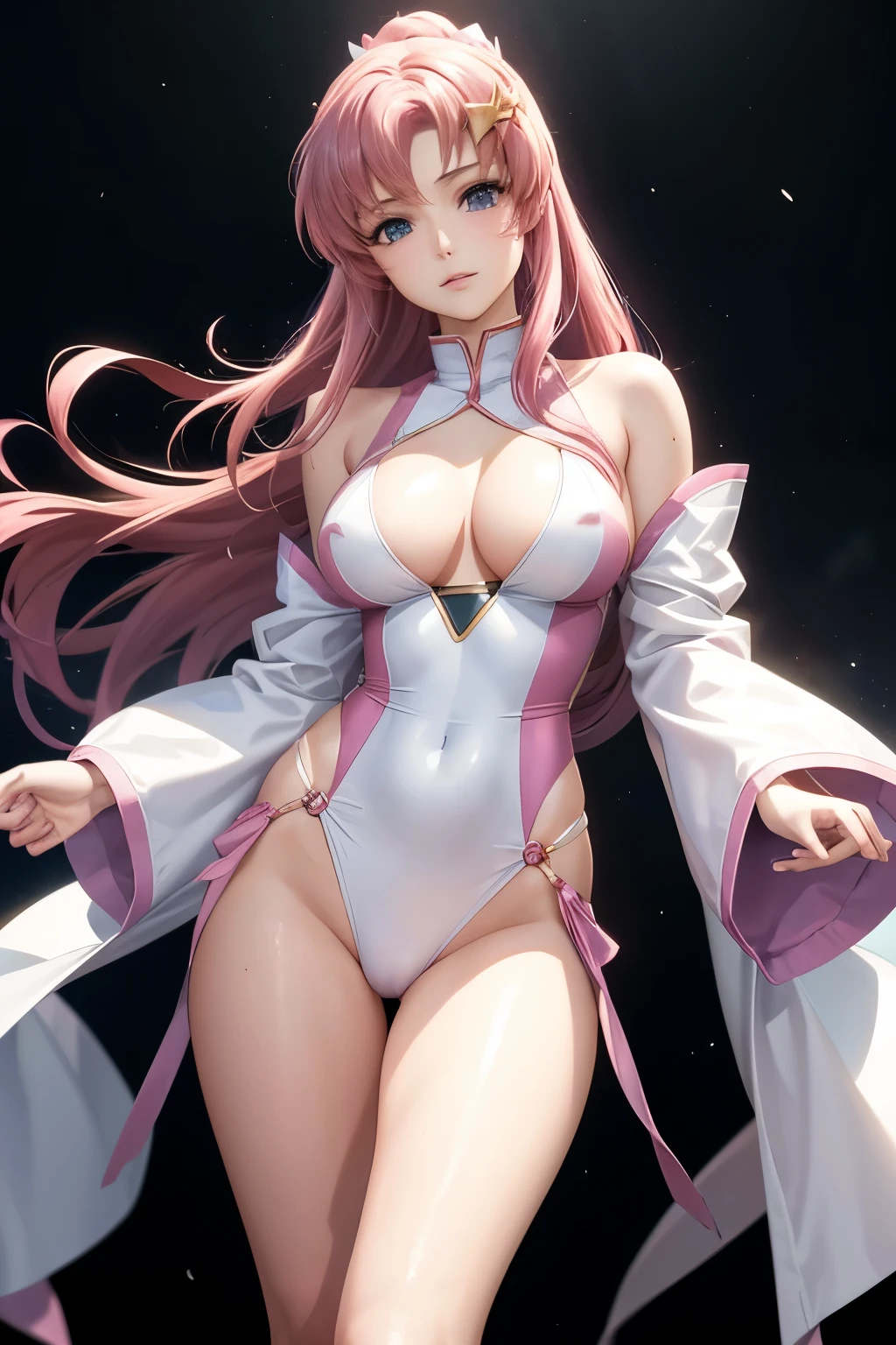 （（（Highest quality、first class、masterpiece、Normal body、8k、Detailed face、Ultra-precision、normal hand、Normal refer to、５refer to、Highest）））、Lacus Clyne、"Gundam SEED"、High-leg pilot suit、Pink and white pilot suit、The body line is clearly visible up to the nipples.、Song