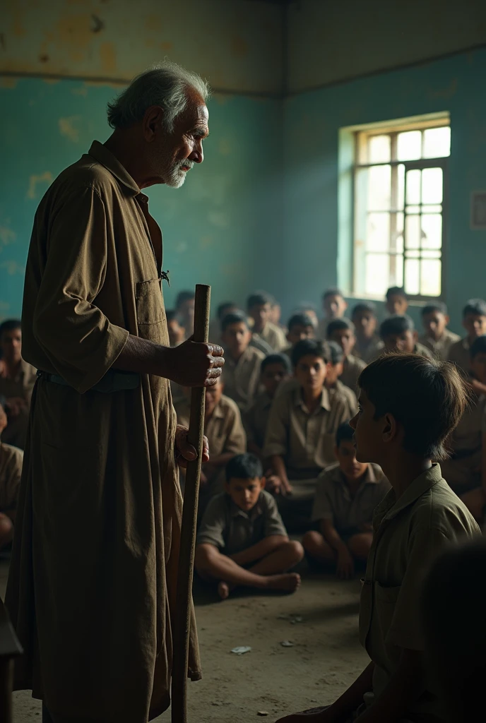 A 60 years aged Indian school teacher is beating a 12 years aged Indian student with stick infront of 30 students. students are sat on the floor.