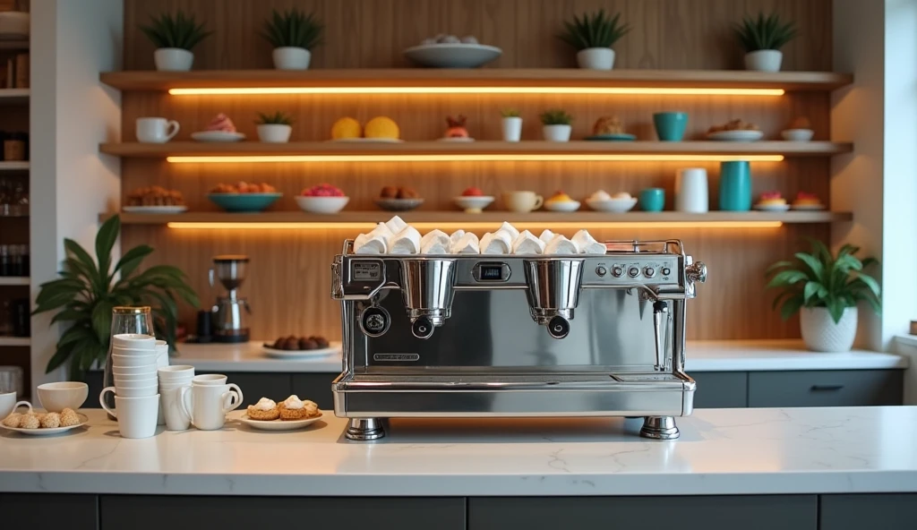 A direct view of a cafe counter where coffee is typically prepared, with a coffee machine, cups, and other equipment visible. The counter is designed in a modern, minimalist style with clean lines and a well-organized layout. There is no barista or person behind the counter, making it appear as though the coffee machine is unattended. The background includes shelves with coffee supplies and a stylish, inviting cafe environment.