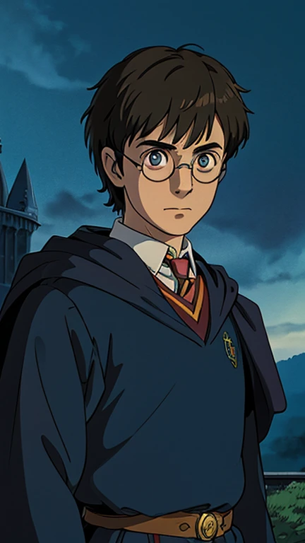 (1man, harry potter), (extremely detailed CG unit 8k wallpaper),(master part), (best quality), (ultra detail), (best illustration),(ghibli style), cowboy shot, (Sharp eyeliner, ombre, detail eyes:1), Hogwarts, outdoors background, ,break , (GHIBLI_Background), upper body, glasses,