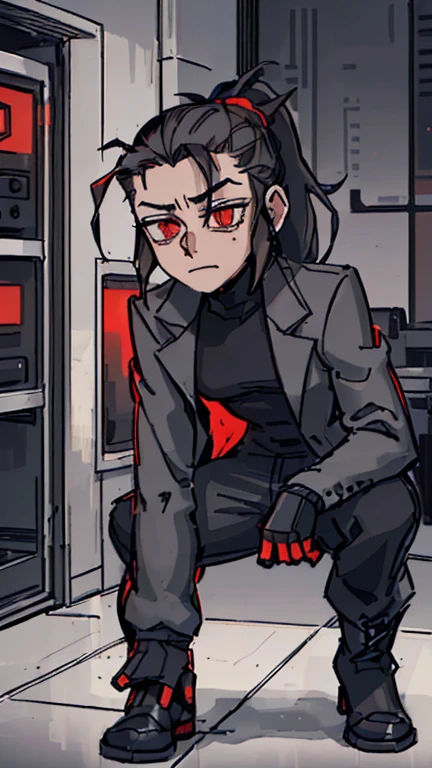 (detailed), (((normal guy))), (Arabic characteristics), ((gray wool jacket)), ((pelo negro rizado Ponytail hairstyle)), ((Ponytail hairstyle)), (calm face), ((by the width)), ((Brown boots)), (((whole body))), ((In a cyberpunk room)), ((male)), (gray turtleneck sweater), ((only one person)), (at night), terror, ((Bright red eyes)), In the dark, red robot hands