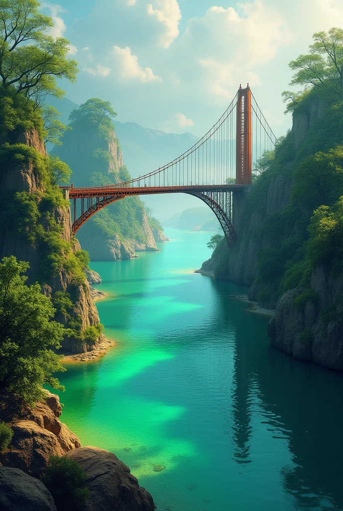Emerald Green Lake、Long suspension bridge、Realistic and fantastical landscape painting