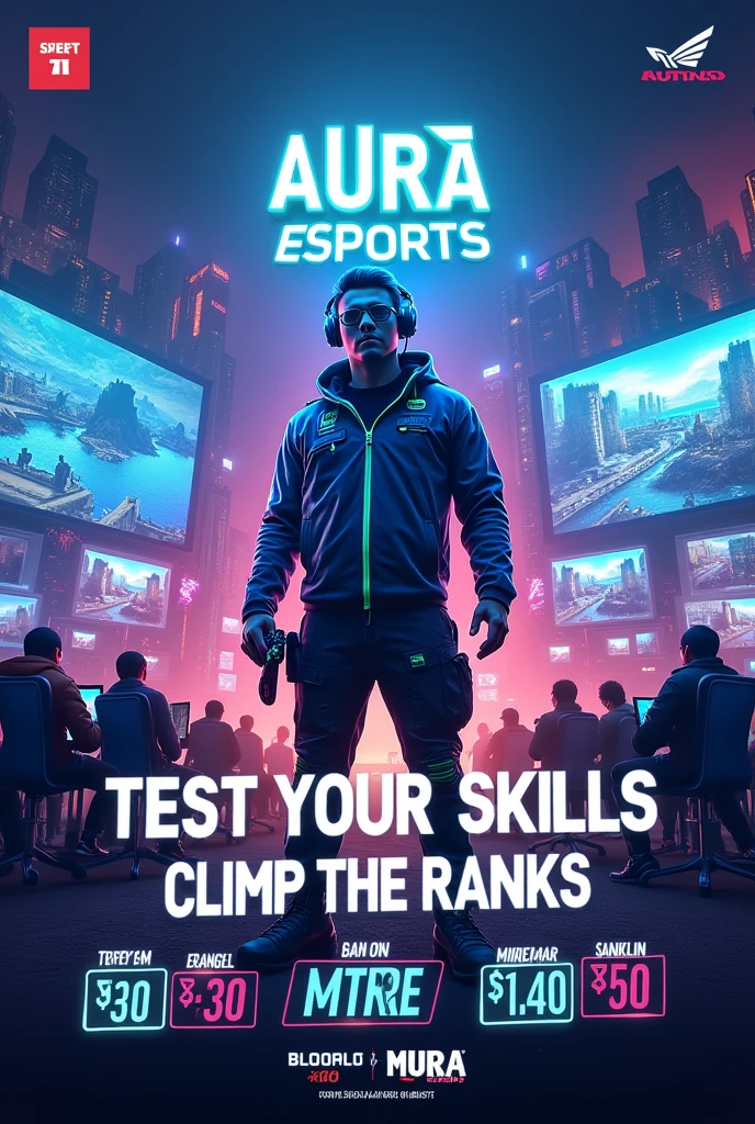 *Title:* AURA ESPORTS
*Tagline:* Test Your Skills, Climb the Ranks!
*Details:*
- Timings: 1:00 PM - 11:00 PM
- Entry Fee: ₹30
- Maps: Erangel, Sanhok, Miramar
- Prizes: ₹220, ₹130, ₹80, ₹50, and more!
*Design:*
- Bold, modern fonts
- Vibrant colors (electric blue, neon green, orange)
- Gaming-related graphics (controllers, screens, etc.)
- Countdown timer and tagline ("Game On!")
*Style:* Energetic, competitive, and futuristic.