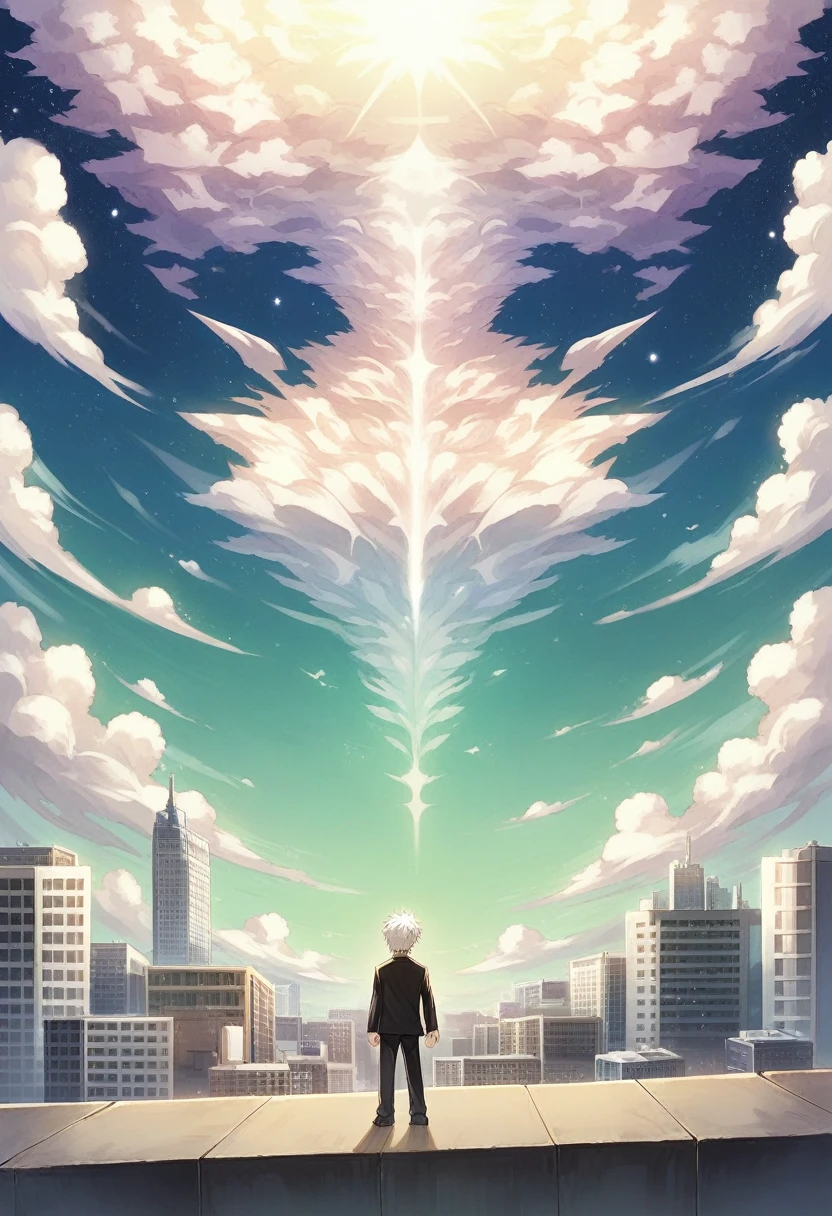 anime anime wallpapers of a man flying over a city wearing all black outfit with white hair(saturo gojo from jjk), makoto shinkai cyril rolando, anime clouds, amazing wallpaper, style of makoto shinkai, city in the clouds, city in the sky, anime landscape wallpaper, anime background, inspired by Makoto Shinkai, cosmic skies. by makoto shinkai, anime sky, in style of makoto shinkai