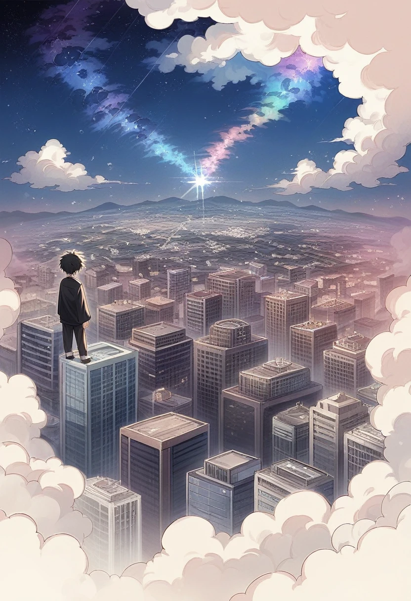 anime anime wallpapers of a man flying over a city wearing all black outfit with white hair(saturo gojo from jjk), makoto shinkai cyril rolando, anime clouds, amazing wallpaper, style of makoto shinkai, city in the clouds, city in the sky, anime landscape wallpaper, anime background, inspired by Makoto Shinkai, cosmic skies. by makoto shinkai, anime sky, in style of makoto shinkai