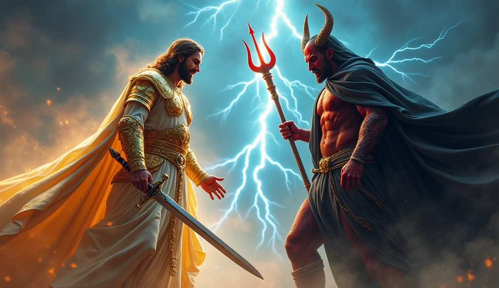 Vivid photo of Jesus wearing golden armor and a sharp sword, fighting with Satan wearing a black cloak, a red trident, Satan with a red body, with sharp horns, blue lightning bolts Sky appears in the sky, excellent image quality, intricate details, 8k resolution