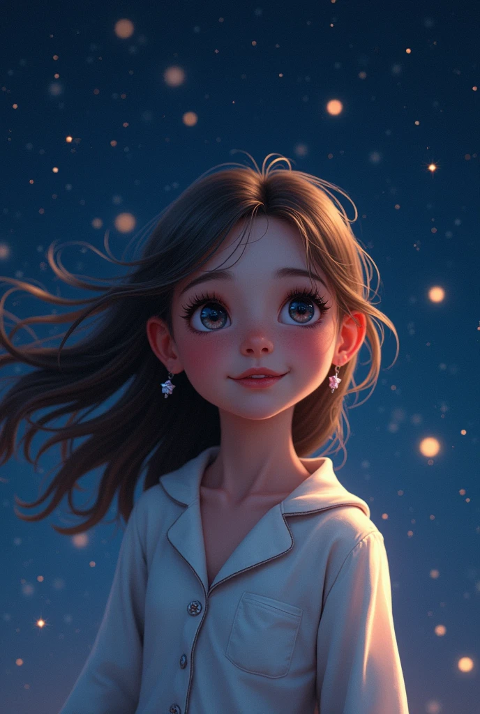 A girl in pajamas flying among the starry night sky, the outlines of constellations glimmering, (best quality,4k,8k,highres,masterpiece:1.2),ultra-detailed,(realistic,photorealistic,photo-realistic:1.37),fantasy,digital painting,hyperrealistic,dramatic lighting,cinematic,highly detailed face and eyes,beautiful detailed eyes,beautiful detailed lips,extremely detailed eyes and face,long eyelashes,dreamlike,serene,peaceful,calming,soft colors,warm tones,glowing stars,celestial,cosmic,ethereal