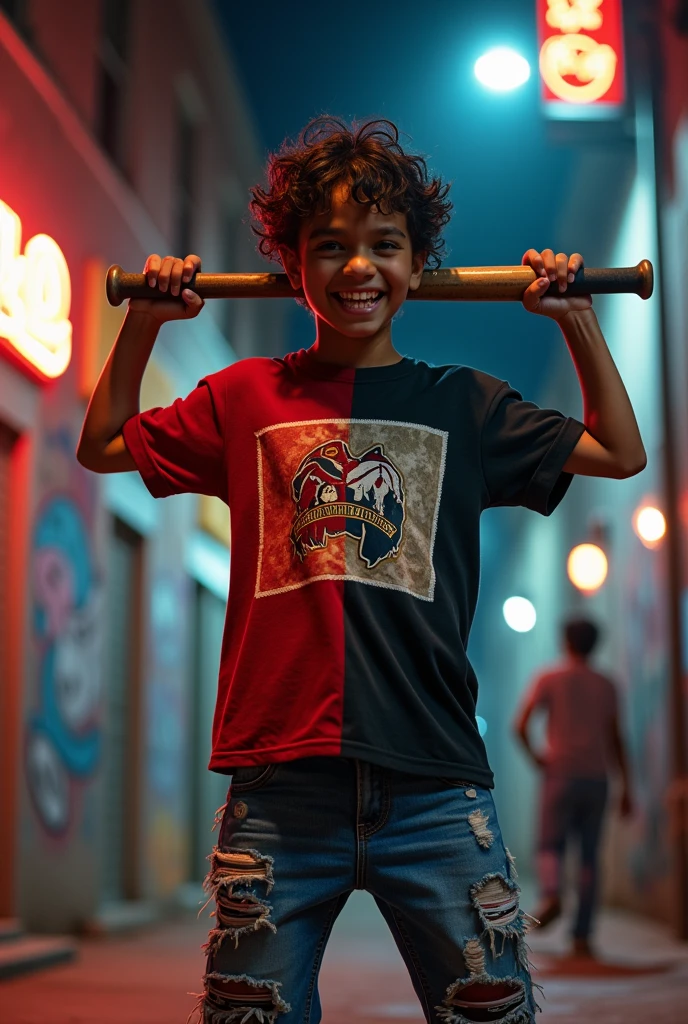 boy, dark skin tone, skater gangstar outfit, evil smile holding a baseball bat backwards with both hands, about to hit the camera harley quinn style