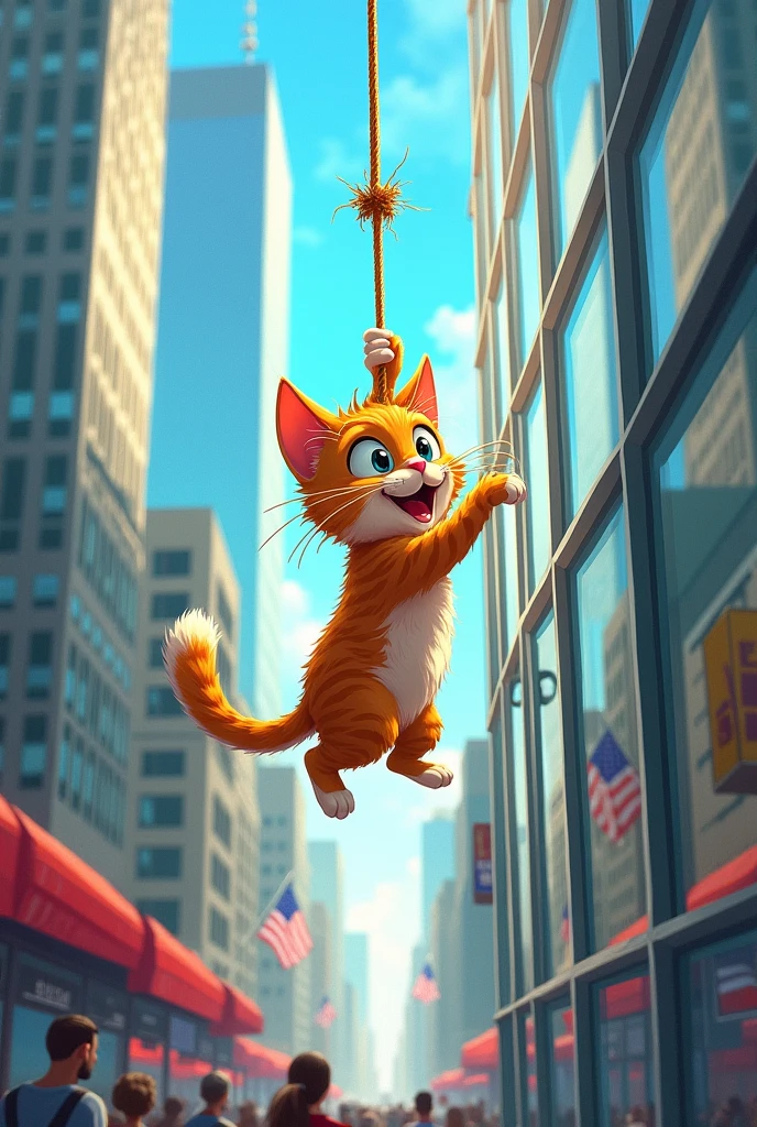 The cat was hanging on a rope and washing the windows of buildings when suddenly the rope broke