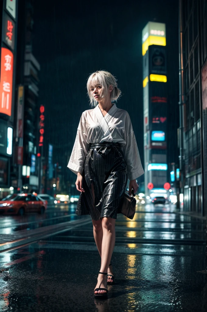 A cinematic scene capturing an 18-year-old Japanese girl with semi-long platinum white hair walking across the rooftop of a high-rise building in Tokyo on a rainy night. The rain pours heavily, drenching her traditional sky-blue yukata adorned with delicate white rabbit prints, which clings to her figure, adding a sense of vulnerability. Her hair, soaked and sticking to her face, contrasts starkly with the dark, stormy sky. She strides confidently, her sandals clacking softly against the wet rooftop tiles, with the city lights glowing faintly through the heavy rain in the background. The rooftop, slick with rainwater, reflects the vibrant yet subdued neon lights of the distant cityscape. The scene captures a moment of introspection as she pauses, looking out over the edge, her eyes filled with a mix of melancholy and determination. The atmosphere is thick with the sound of rain and the distant hum of the city below, creating a mysterious and hauntingly beautiful contrast between the ancient elegance of her attire and the modern urban jungle that surrounds her. The image is stylized to mimic a machine-made street photograph, with a 120mm film effect that emphasizes dynamic, harsh lighting and realistic chiaroscuro, adding a layer of depth and texture to the scene