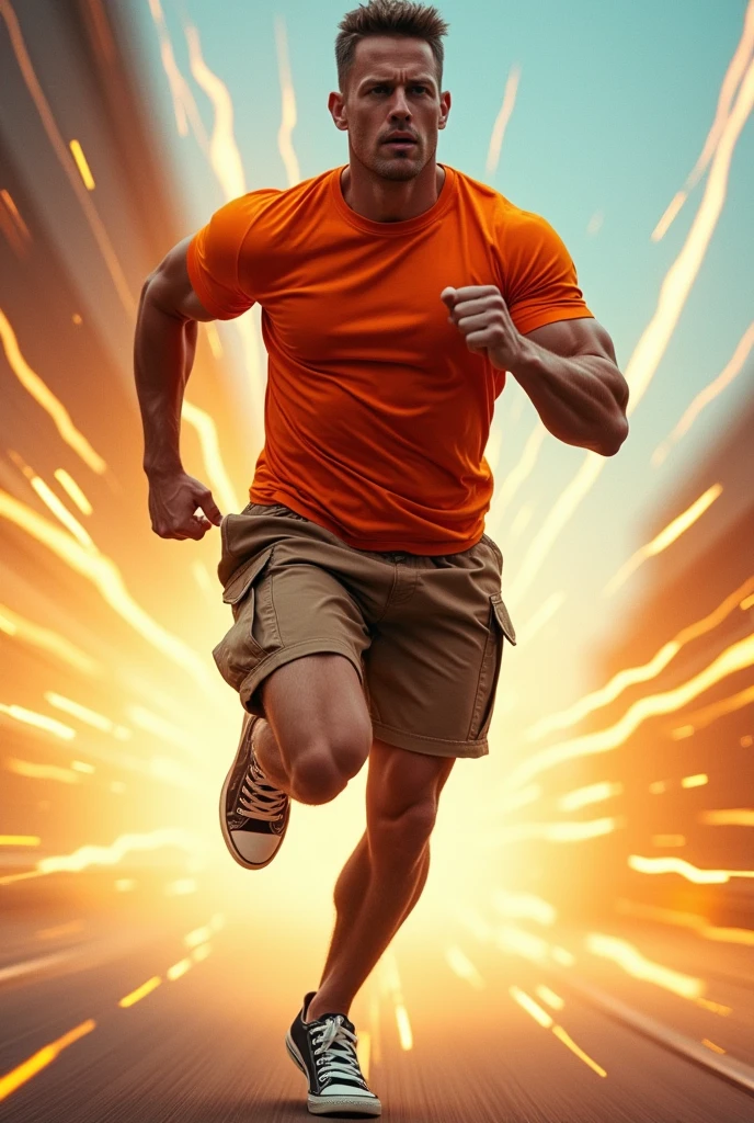 Muscular man wearing a shirt with long shorts Long loose shorts With pockets on the sides with converse sneakers Orange T-shirt and brown shorts Long short, long short, long Profile running at super speed 
