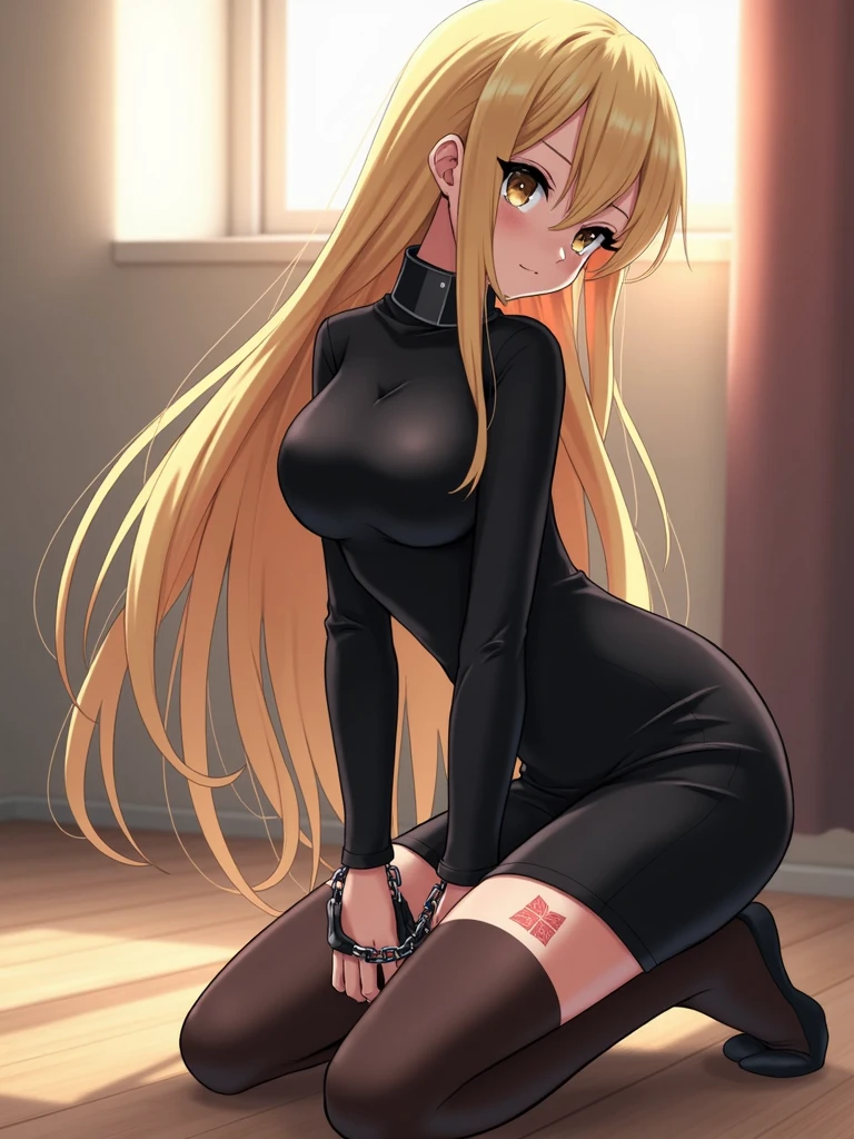 black pencil skirt, black long sleeve top, only the navel,Put your hands behind your back,restraints, blonde hair, Very long hair, straight hair, Cute, slender body, thin legs, Black thigh high stockings, Nylon stockings, hands in black leather handcuffs, hands, connected in a chain, amrs togather, masochistic, whole body, on the knees, leather handcuffs, tattoo on the legs, large collar around the neck, 18 years, long eyelashes, mascara, cute face, bent over, top down bottom up, arms behind back, kneeling, submissive look 