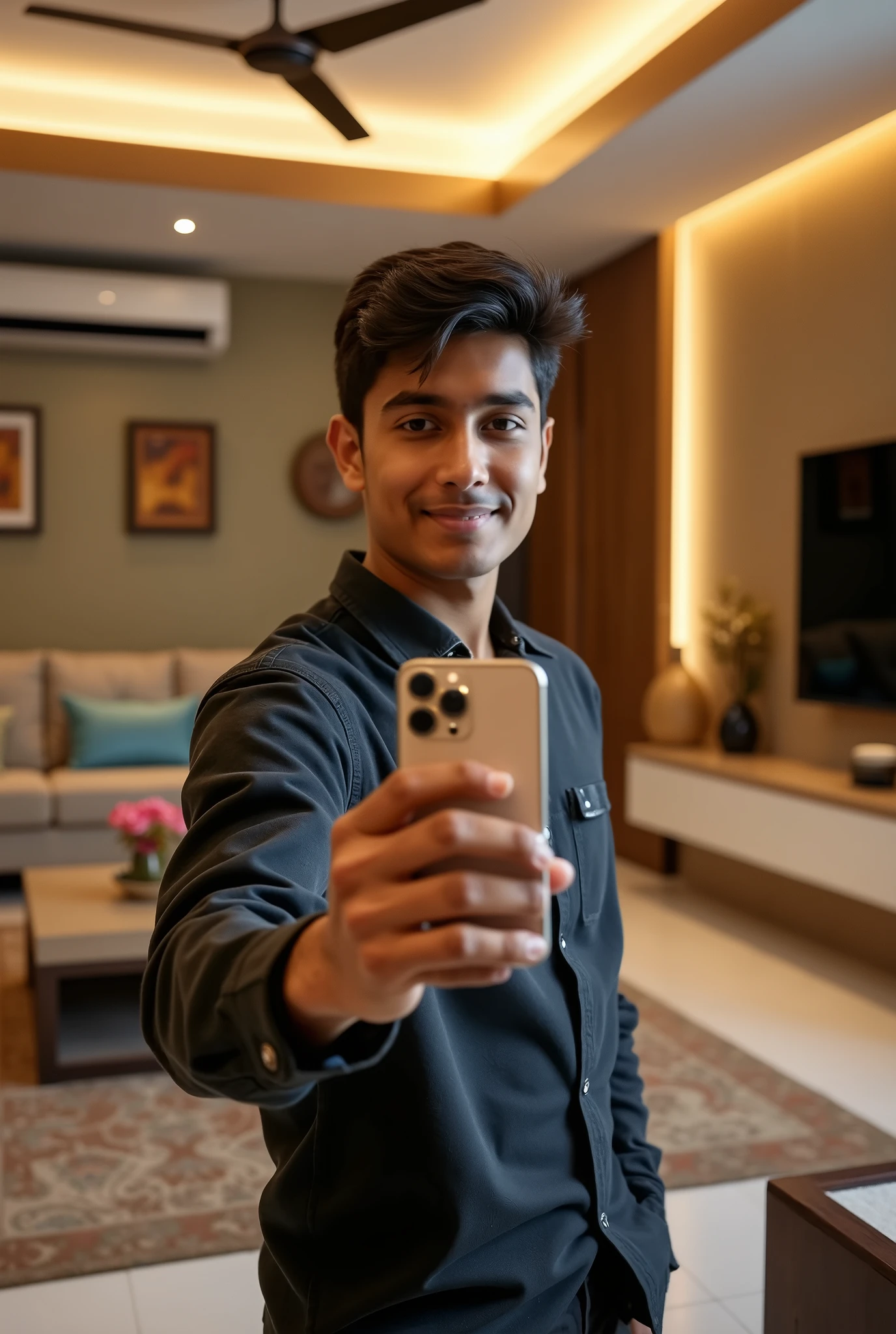 A 18 years boy of odisha inside his morden house taking selfie with iphone 15 pro max i phone logo is clear and contains 3 cameras like real iPhone contains background is like a rich people contains luxury things like ac tv wifi etc and design things