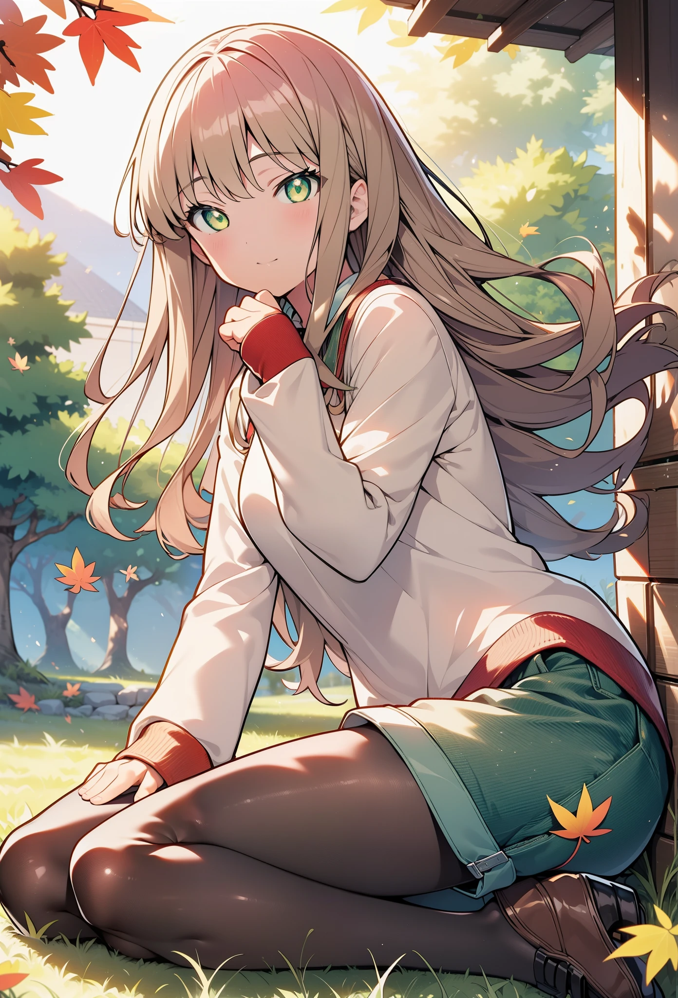 minami yume ,sss Dynazenon ,Long Hair,hair band, Brown Hair, smile,blush,(Green Eyes:1.5) ,Blue v-neck sweater,Shorts,Black pantyhose,short boots,Walking,whole bodyがイラストに入るように,autumn leaves,autumn leavesが散っている,autumn leavesが積もっている,Sitting on a bench,
break looking at viewer, whole body,
break outdoors, garden,
break (masterpiece:1.2), Highest quality, High resolution, unity 8k wallpaper, (shape:0.8), (Beautiful and beautiful eyes:1.6), Highly detailed face, Perfect lighting, Extremely detailed CG, (Perfect hands, Perfect Anatomy),